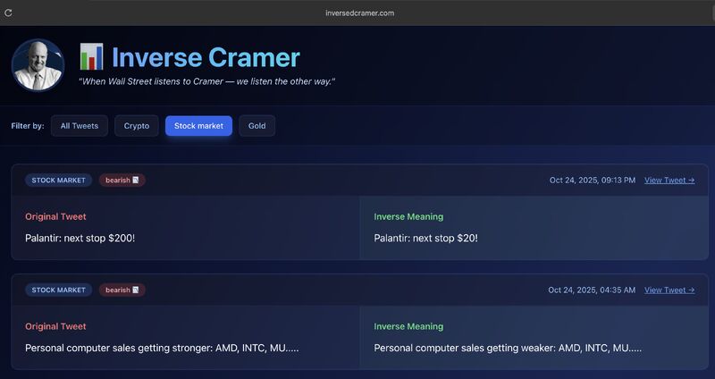 Screenshot of inversedcramer.com showing original tweets side by side with their AI-generated inverse meanings